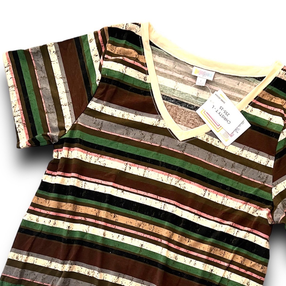 LuLaRoe • V-Neck Christy Tee • Vintage • 
Burgundy Olive Grey Stripe - Picture 4 of 6